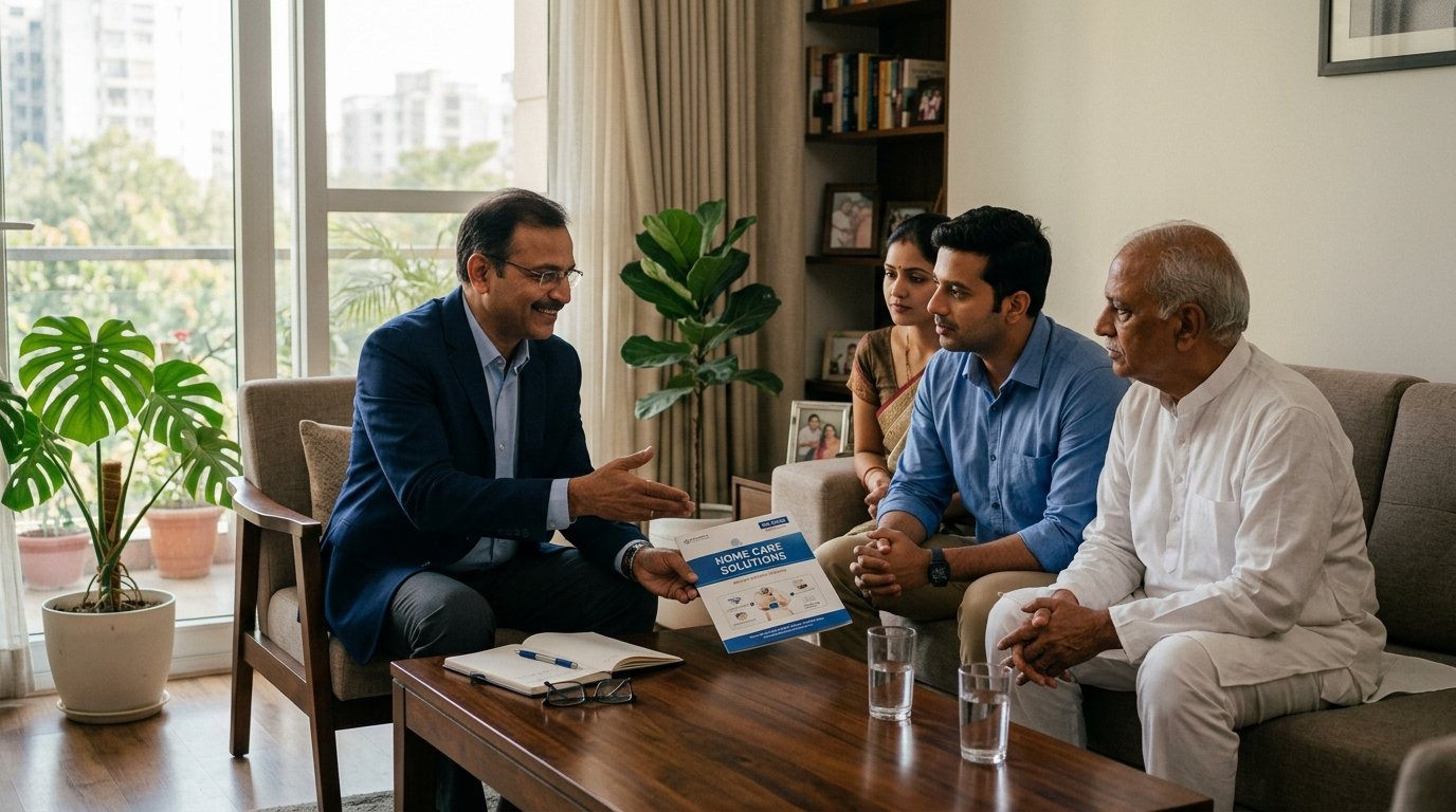 Indian family discussing home healthcare arrangements with care coordinator