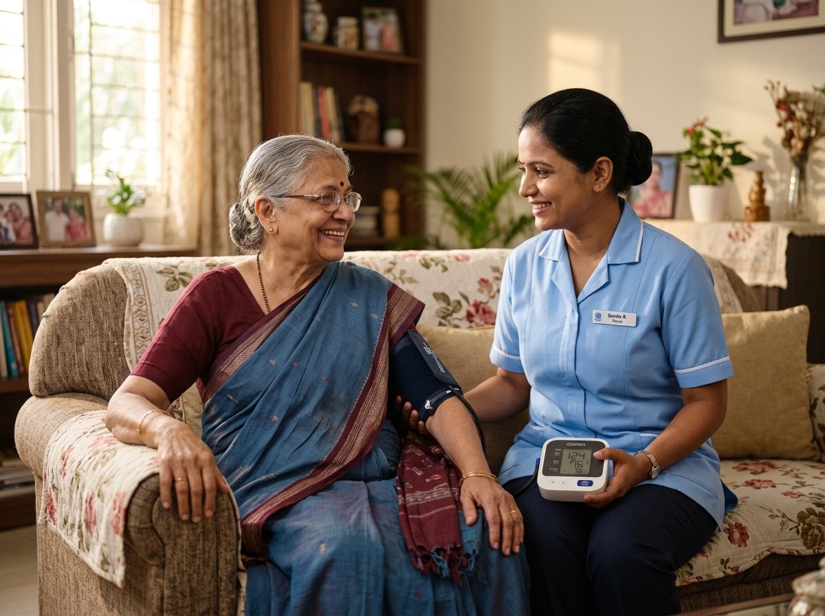 Indian nurse checking blood pressure of smiling elderly Indian lady at home