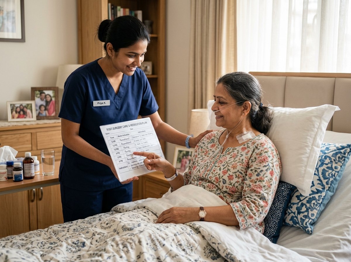 Indian nurse helping patient with post-surgery care plan