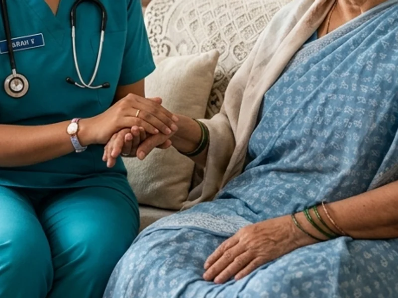 Caring hands holding senior patient's hand gently