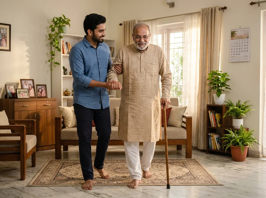Indian male attendant helping senior man walk safely