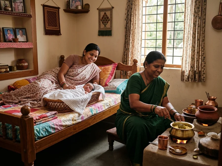 Indian post-delivery mother and baby receiving Japa care