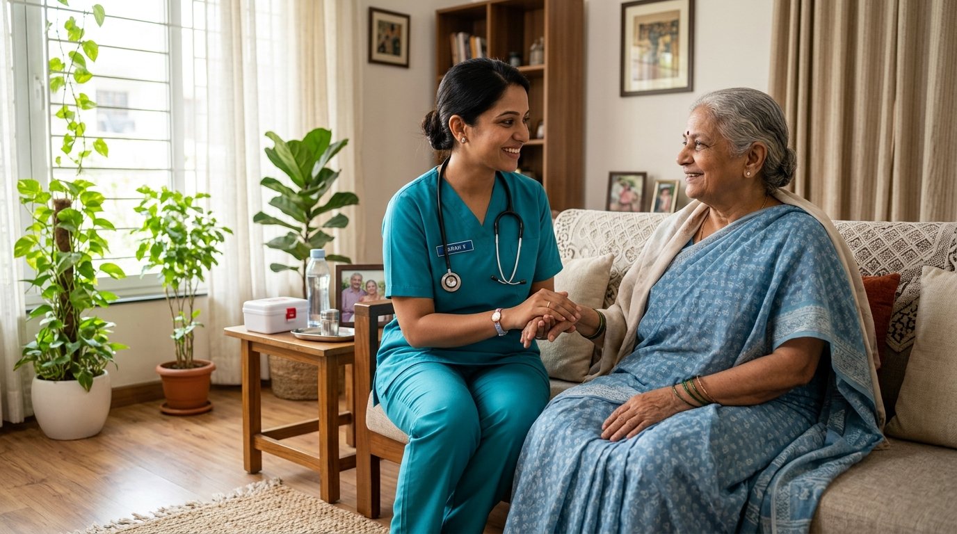 Indian female nurse caring for an elderly Indian woman at home in Delhi NCR