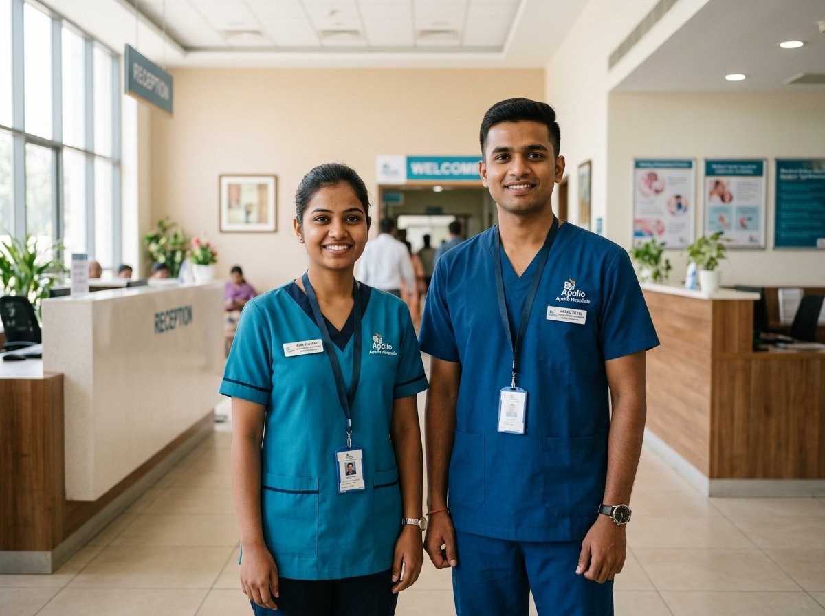Indian male and female healthcare attendants in professional attire