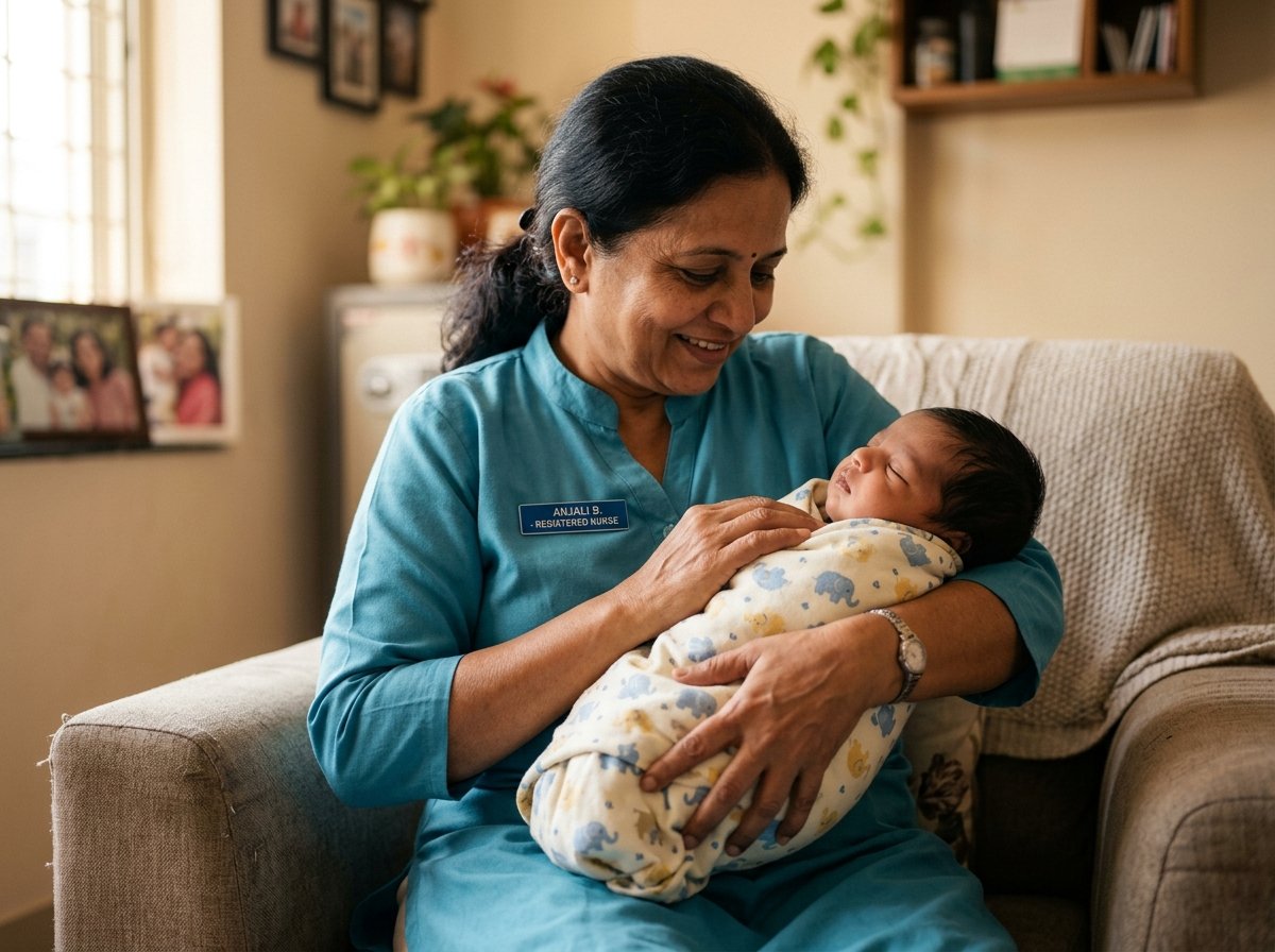 Indian nurse or caregiver holding an Indian newborn baby