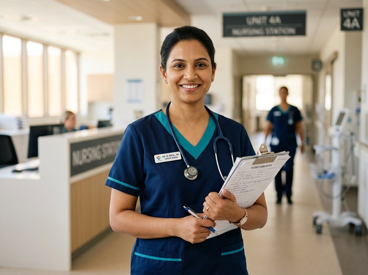 Indian certified nurse in professional uniform with medical chart
