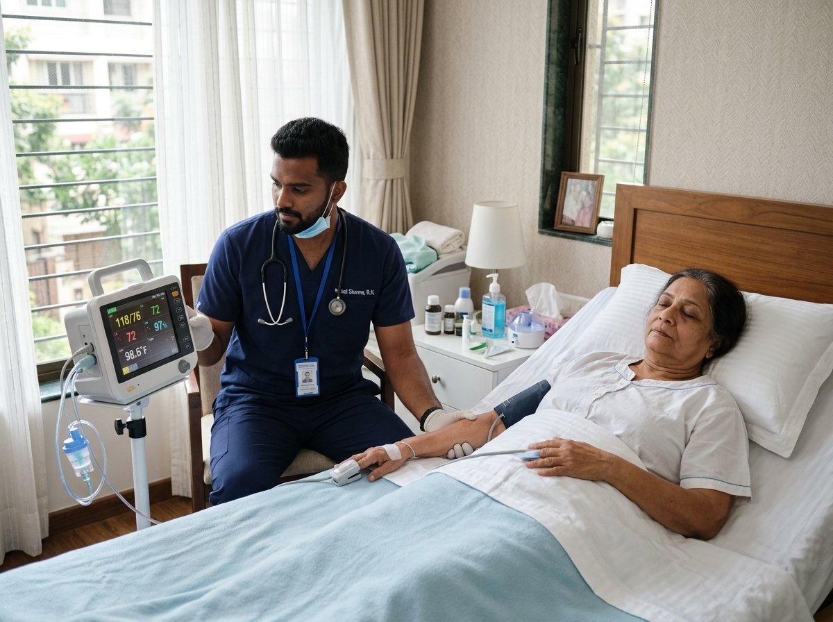 Indian healthcare professional caring for a patient requiring critical care at home