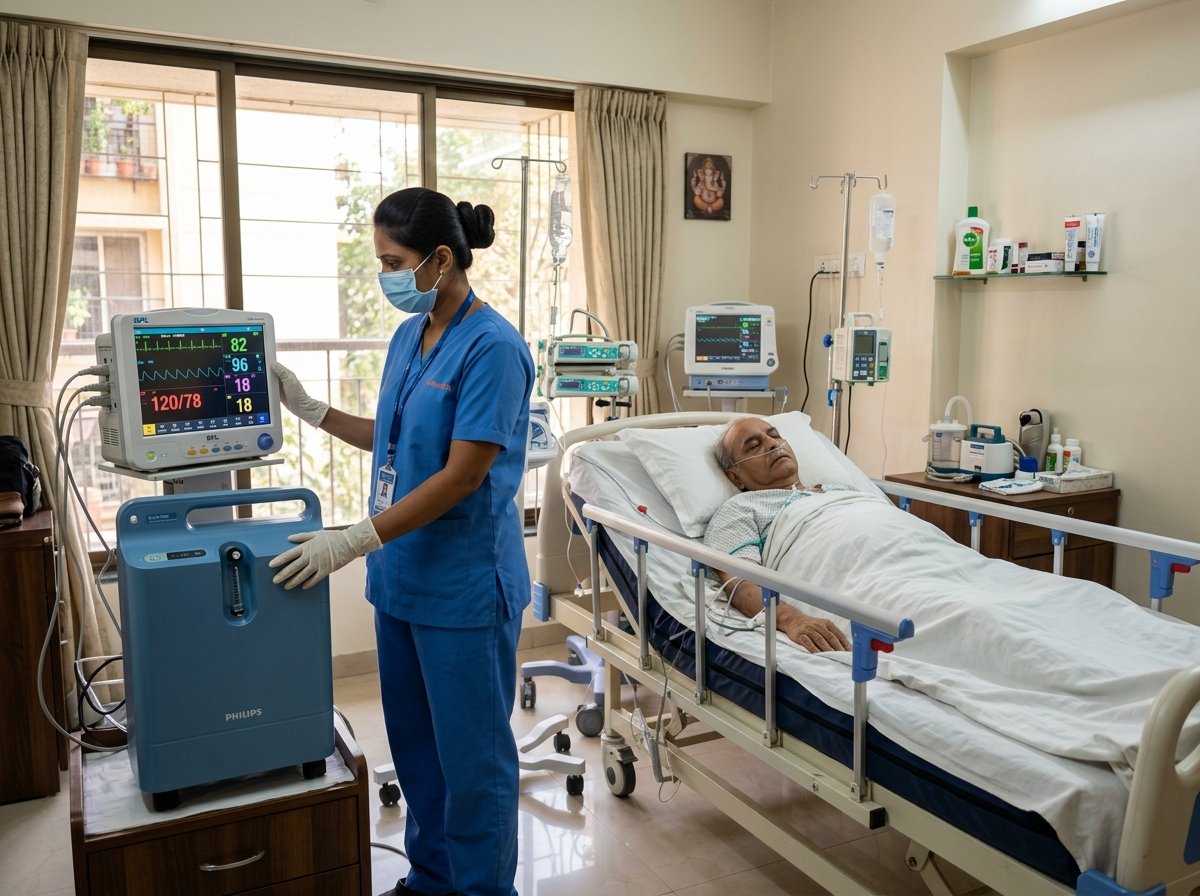Indian nurse in a realistic home ICU setup with cardiac monitoring equipment