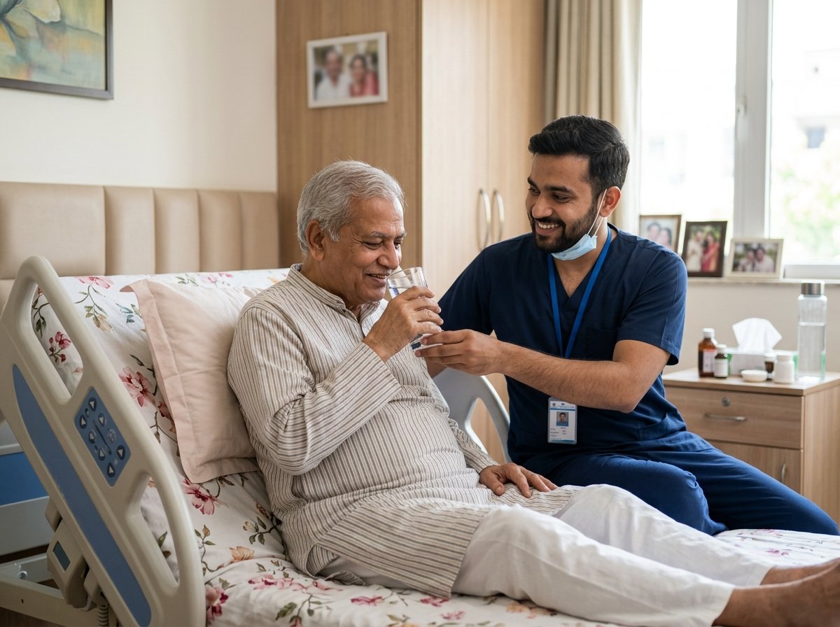 Indian attendant assisting a patient recovering at home