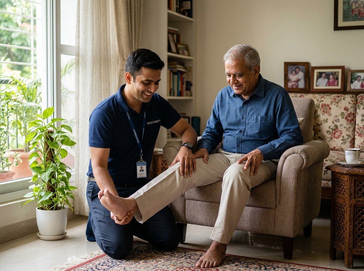 Indian physiotherapist helping an elderly patient with mobility exercises at home